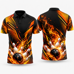 เสื้อโปโลโบว์ลิ่งสำหรับนักกีฬาแข่งขัน  ผ้าถักเนื้อแน่น ดีไซน์สั่งทำพิเศษ พิมพ์ลายแบบซับลิเมชั่นเต็มตัว สำหรับผู้ชาย - Product Image 2