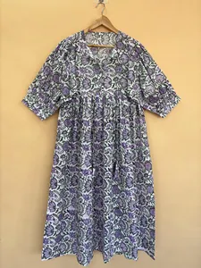 Women's <b>Loose</b> Fit Floral Print Cotton Midi <b>Dress</b> Tie-Neck Short Sleeve Casual Summer <b>Dress</b> Breathable Short <b>Dress</b> - Product Image 1