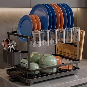 Escurridor de Platos Metálico de 2 Niveles con Porta Cubiertos y Organizador de Vasos - Product Image 1