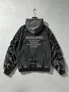 Sweat à capuche zippé pour homme SJH, personnalisé, effet délavé, avec broderie tridimensionnelle, design classique à capuche, vêtement streetwear tendance - Product Image 2