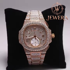 Reloj de lujo para hombre de acero inoxidable, 42 mm, oro rosa, diamantes incrustados, cronógrafo, analógico, de cuarzo, caja rectangular - Product Image 1