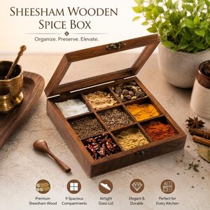 Caja de especias de madera con tapa de vidrio y nueve compartimentos para almacenamiento en la cocina, diseño tradicional tallado. - Product Image 3