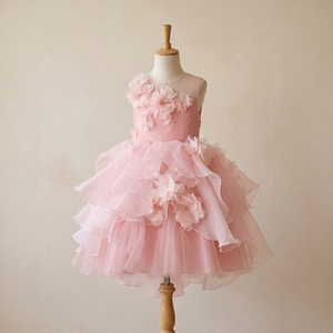 Robe de Demoiselle d'Honneur 2026 Tendance en Satin Ivoire Céleste à Manches Bouffantes, Robe de Princesse en Tulle Superposé avec Applique Nœud Faite Main - Product Image 1