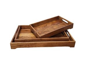 Acacia Wood Serving Tray Set with Handles Floral Plant Pattern Modern Design Rectangle Platter for Kitchen Dining Room - Product Image 2