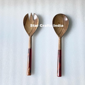 Factory Wholesale Price Eco-Friendly Wooden Salad Server Resin Handle Dishwasher <b>Safe</b> <b>Large</b> Spoon Fork Kitchenware Tableware - Product Image 1