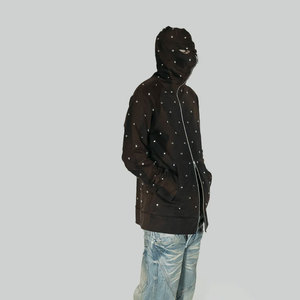 Sweat-shirt à capuche zippé noir pour homme avec strass, style streetwear oversize, motif masque, en coton tricoté pour l'hiver - Product Image 2