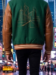 <b>Men's</b> Green Varsity <b>Jacket</b> With Brown <b>Leather</b> Sleeves Turn-down Collar Button Closure Autumn Casual Outerwear Regular Fit - Product Image 6