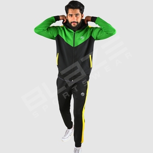 Men's <b>Black</b> Green Yellow Color Blocking Hooded Tracksuit Full Zipper Sporty Sweatshirt and <b>Pants</b> Set with Logo Front - Product Image 2