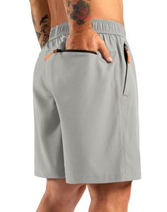 Men's Gray Solid Quick Dry Board Shorts With Zip Pockets <b>Elastic</b> Waist Casual Bermuda Style Summer Lightweight Breathable - Product Image 1