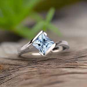 Princess Cut Aquamarine Ring Vintage Unique Engagement Ring Rose <b>Gold</b> Princess Cluster Bypass Wedding Ring - Product Image 5