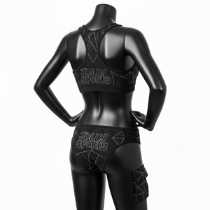 Conjunto de bikini de dos piezas para mujer de alta calidad en poli elastano, tela negra brillante con construcción de paneles y logo de cristal. Bikinis para mujer. - Product Image 5