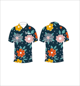 Dark Teal Floral <b>Polo</b> Shirt Yellow Pink <b>Orange</b> Flower Pattern Short Sleeve Summer Casual Front Back View - Product Image 1