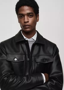 Veste en cuir PU noir pour homme, col rabattu, style workwear, coupe classique, automne, fermeture à boutons simple - Product Image 5