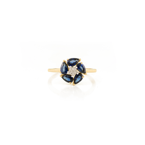 Bague de fiançailles personnalisée en or jaune 14 carats avec saphir bleu et diamant, motif floral tendance, pour usage quotidien, bijoux en gros - Product Image 1