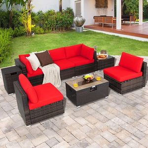 Ensemble de canapés en rotin de luxe pour l'extérieur avec coussins rouges et table de foyer multifonctionnelle pour patio et jardin - Product Image 2