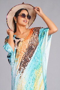 Vestido maxi tipo caftán con estampado de leopardo turquesa para mujer – Vestido con mangas tipo kimono y estampado animal abstracto - Product Image 3