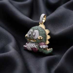 Pendentif Dinosaure en Moissanite Micro-Sertie Verte, Plaqué Or 14K, Forme d'Animal de Dessin Animé, Bijoux Hip-Hop Personnalisés - Product Image 3