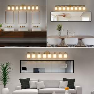 Moderna lampada da bagno a 8 luci dorate per bagno con paralumi in vetro smerigliato montata a parete (senza lampadine incluse) - Product Image 5