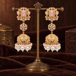 Gold Plated Pink Stone Jhumka Earrings with Faux Pearls Pakistani Bridal Wedding Jewelry Factory Wholesale - Product Image 1