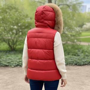 Gilet matelassé en cuir d'agneau véritable pour femme, col à capuche, haute qualité, hiver, capuche amovible, couleur naturelle, fourrure de renard véritable tricotée - Product Image 6