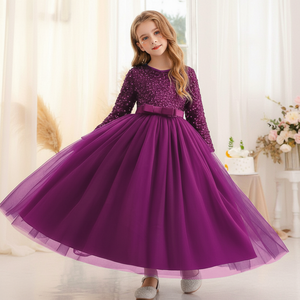 Elegante Vestido de Princesa Morado de Terciopelo con Lentejuelas Bordadas y Cuello en V para Niñas, Vestido de Fiesta, Venta al Por Mayor, OEM, ODM - Product Image 1