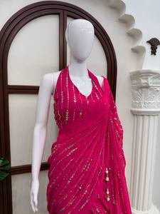 Conjunto indio-pakistaní de color rosa brillante con cuentas, vestido de fiesta sin mangas con malla bordada y dupatta, ropa de novia. - Product Image 6