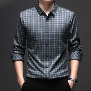Chemise habillée à carreaux pour homme, manches longues, col rabattu, 100 % coton, infroissable, style décontracté chic, pour l'automne - Product Image 3