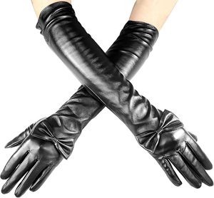 Black Long <b>Gloves</b> for Women,Leather Fashion <b>Gloves</b> with Butterfly Bow - Product Image 1