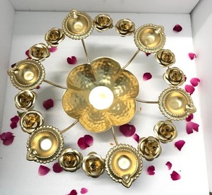 Handcrafted Brass Floral Diya <b>Stand</b> featuring Central Lotus Tealight Candle Holder Artisanal Floating Flower Urli <b>Stand</b> - Product Image 3
