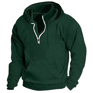 Men's Hooded Quarter Zip Sweatshirt Solid Green Fleece Casual Boxy Fit Autumn Polyester/Cotton Waterproof Pocket - Product Image 1