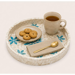 Bandeja Redonda Decorativa Hecha a Mano con Incrustaciones de Madreperla, Mosaico de Conchas con Diseño Floral Turquesa, con Asas, para Hotel - Product Image 6