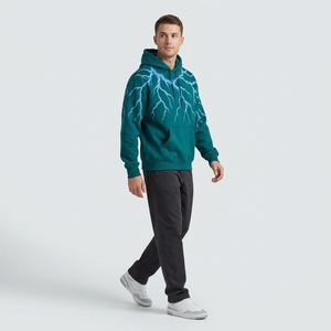 Sudadera con capucha extragrande para hombre, color verde azulado, con estampado gráfico de rayo, sudadera gruesa con estampado de rayo eléctrico, estilo urbano - Product Image 3