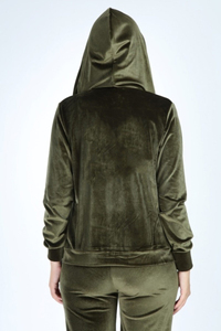 Survêtement à capuche en velours vert olive pour femme, manches longues, fermeture éclair, poches latérales, tenue décontractée pour l'automne - Product Image 6
