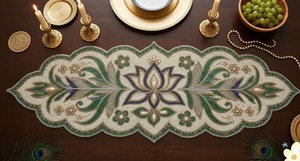 Oval Fabric Table <b>Runner</b> Handmade Oriental Floral Design <b>Green</b> Blue Embroidered Mat - Product Image 3