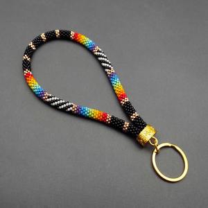 Porte-clés de poignet pour femme, fait main, perles multicolores, rayures noires et blanches, anneau doré, élégant, fonctionnel, accessoire cadeau - Product Image 4