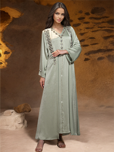 Robe abaya brodée, robe abaya pour femmes, robe musulmane, robe de luxe de Dubaï, robe deux pièces ornée de strass cousus à la main, LOGO PERSONNALISÉ, vente en gros d'usine - Product Image 5