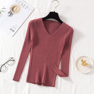 Otoño Invierno mujer básico sólido Jersey Tops Casual manga larga tejido cuello en V suéter moda ladrillo rojo talla única - Product Image 1