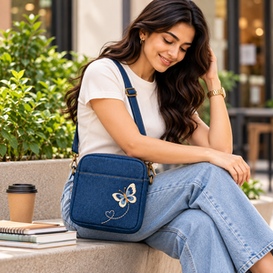 Women's Denim Crossbody <b>Bag</b> with Butterfly Embroidery Zipper Closure Classic Style All Seasons Daily Use Polyester Lining Travel - Product Image 6