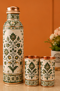 Juego de Botella y Taza de Agua de Cobre con Diseño Floral Verde de Lujo, Botella de Cobre Estampada a Mano con Vasos a Juego, Diseño Botánico - Product Image 3