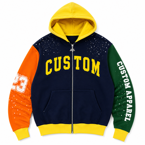Sudadera con capucha y cremallera de color personalizado, forro polar color carbón, estampado de letras con efecto salpicado de pintura, mangas con gráfico en contraste, sudaderas streetwear para hombre, OEM - Product Image 4