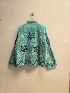 Turquoise <b>Velvet</b> Suzani Jacket <b>Women</b> Handmade Geometric Floral Embroidery Boho Ethnic Winter <b>Coat</b> Wholesale Outerwear Export NR - Product Image 2