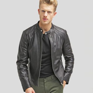 New Fashion Zipper Style Men's Genuine Leather <b>Canvas</b> <b>Jacket</b> Winter Stand Collar Windproof Breathable High End Outerwear Custom - Product Image 5