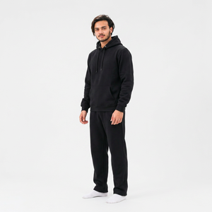 Chándal con Capucha para Hombre, Color Negro, Manga Larga, Color Sólido, Algodón, Ropa Casual con Bolsillos Laterales, Corte Regular, Estilo Otoñal - Product Image 3