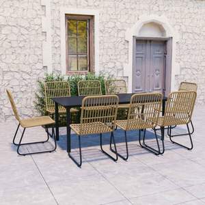 Conjunto de Comedor Grande de Roble y Ratán Sintético Negro con Acero y Vidrio, Muebles de Jardín - Product Image 1