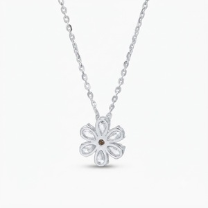 Pendentif Chaîne Fleur en Argent Sterling 925 et Or Massif 10K 14K 18K avec Diamant de Laboratoire Poire Rond, Couleur DEF, Clarté VS VVS - Product Image 4