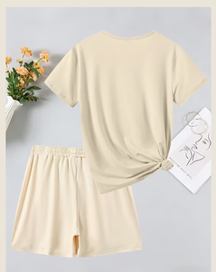 Beige Girls Casual 2Pcs Set Short Sleeve T-Shirt Print Solid Color Elastic Waist Shorts Comfortable Pajamas Summer Outfit - Product Image 3