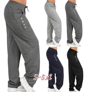 High Waist Loose Fit Harem Pants With Button Detail Drawstring Closure Full Length Solid Color Casual Women's Knitted Pants - Product Image 5