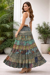 Wholesale Bohemian Tiered <b>Patchwork</b> <b>Skirts</b> Saree Silk Breathable Ankle-Length Colorful Fairy Core Exotic Long Floaty Stripped - Product Image 4