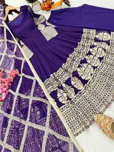 Conjunto de Sharara de Georgette Sintético Azul Bordado con Dupatta, Traje Tradicional Holgado para Mujer, Kurta y Pantalones para Fiesta o Boda - Product Image 2