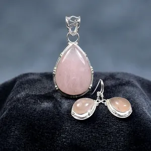 Rose Quartz 925 Sterling Silver Pendant Earrings Jewelry Set Handmade Pink Gemstone Design For Women Wholesale Fashion - Product Image 3